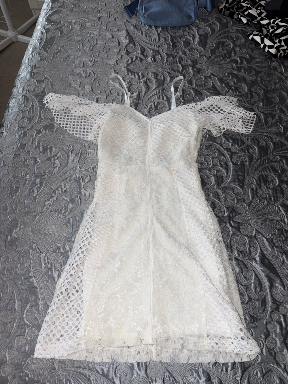 Prettylittlething white lace off the shoulder mini dress